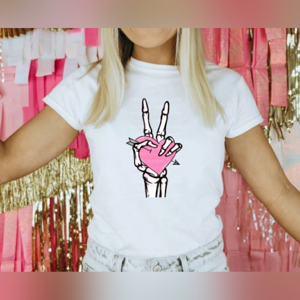 Pink Heart Skeleton White Unisex Tshirt 